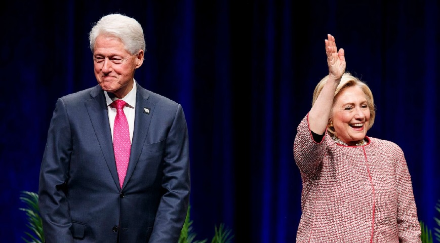 Former President Bill Clinton and former Secretary of State and presidential candidate Hillary Clinton on stage at Rogers Arena on May 02, 2019, in Vancouver, Canada. Andrew Chin/Getty Images, FILE